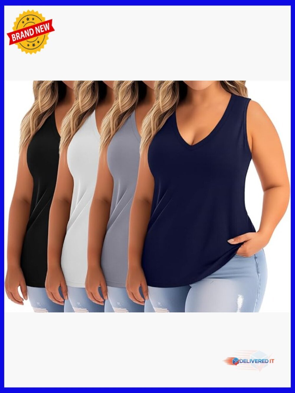 Women's Plus Size Tank Tops 4 Pack V Neck Sleeveless Flowy Tunics Tees Loose